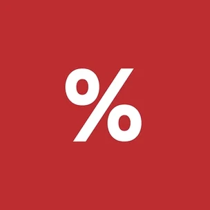 Symbole de pourcentage blanc sur fond rouge.