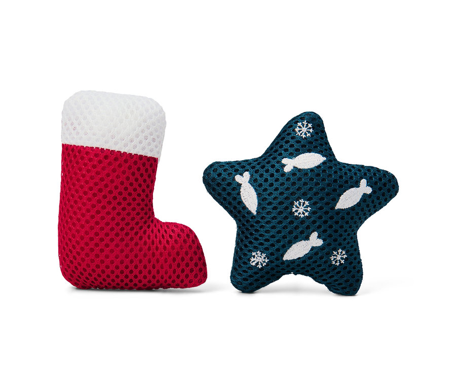 Jouet pour chat en forme de chaussette rouge et d'étoile bleue.