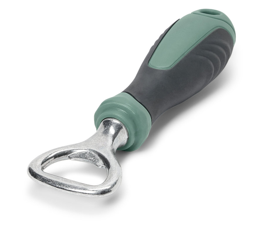 Décapsuleur argenté avec manche vert-gris.