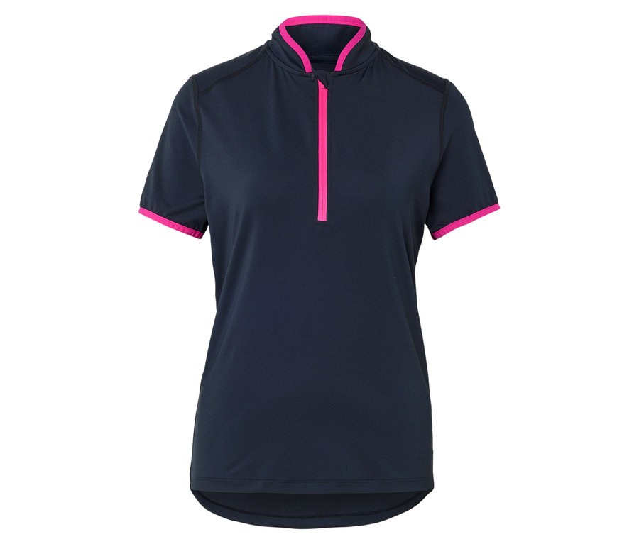 Haut de sport bleu marine à manches courtes avec fermeture éclair rose.