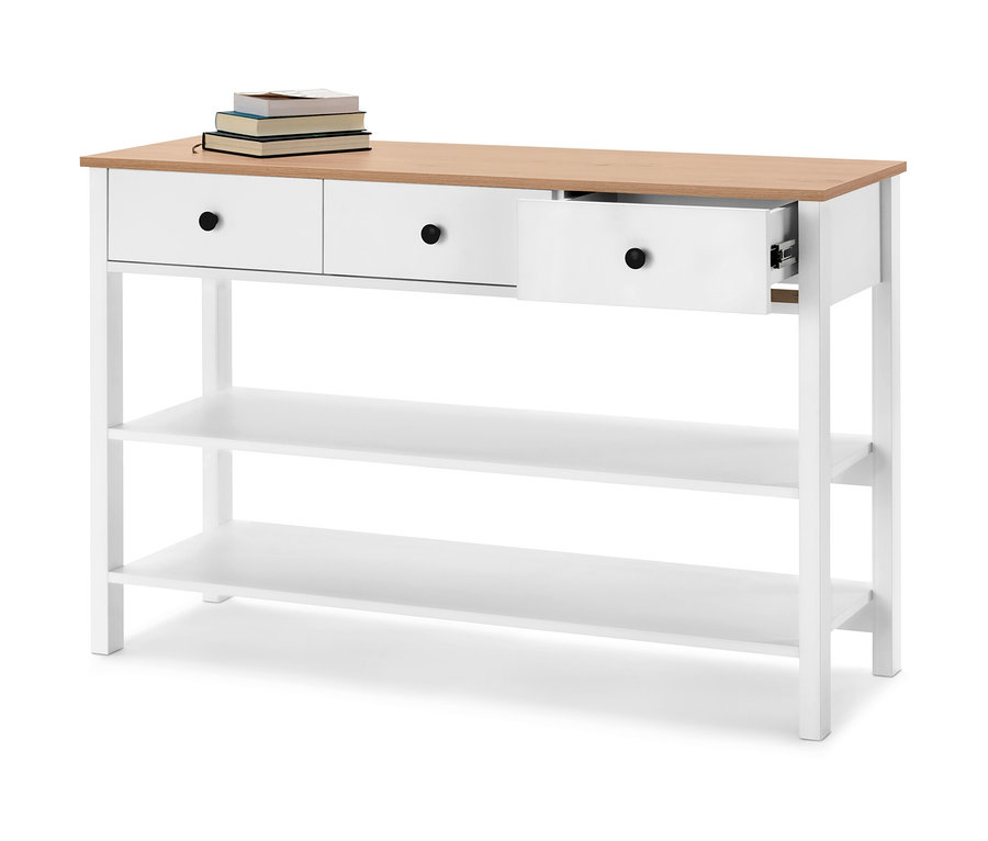 Console à tiroirs blanche avec un plateau en bois clair. Des livres sont posés sur le plateau.