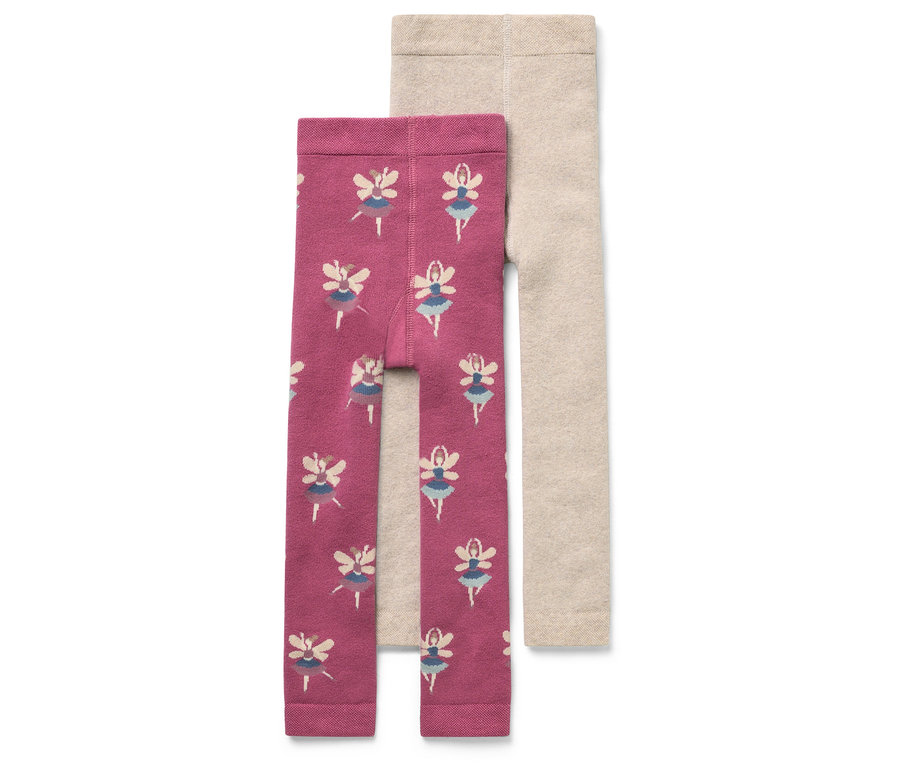 Deux leggings pour enfants : un rose avec des ballerines et un beige.