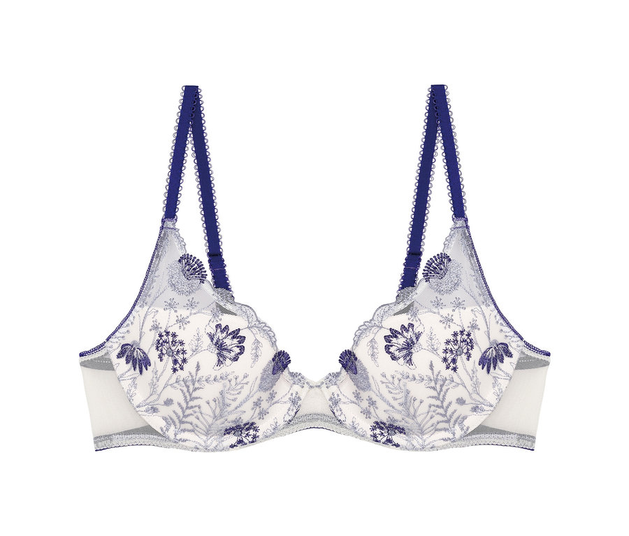 Soutien-gorge plongeant à armatures « Chloe » Passionata blanc avec broderie florale et bretelles bleues.