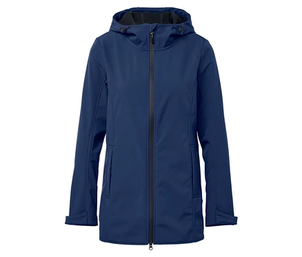 Veste softshell bleu marine avec capuche et fermeture éclair centrale.