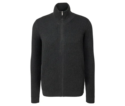 Une veste en maille anthracite chiné présentée de face sur un fond blanc.