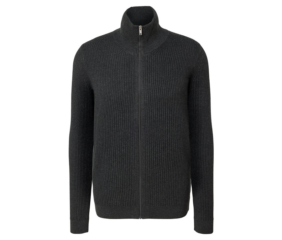 Une veste en maille anthracite chiné présentée de face sur un fond blanc.