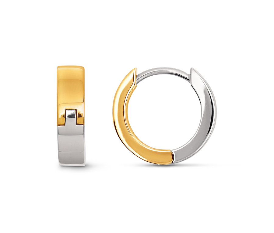 Deux créoles, une debout et une couchée, les deux boucles d'oreilles sont de couleur or et argent.