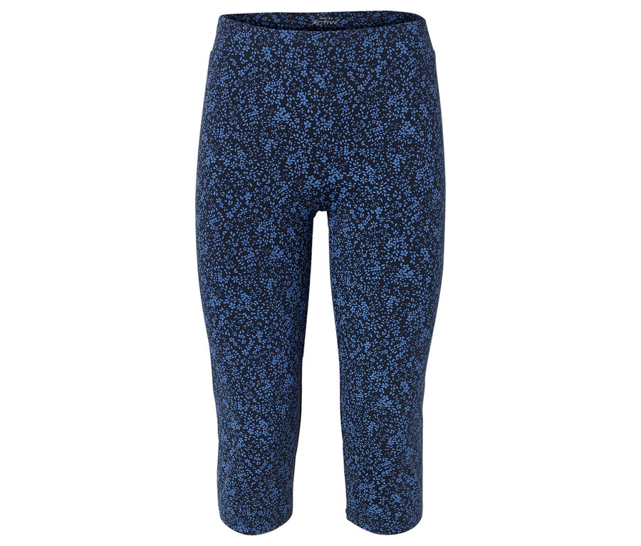 Leggings bleus longueur genou avec un motif floral sur un fond blanc.