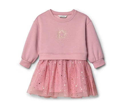 Robe rose à manches longues avec un haut en molleton et une jupe en tulle ornée d'étoiles dorées. Le haut présente un motif étoile doré.