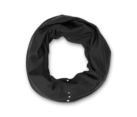 Foulard multifonction noir en forme de tube, avec trois petits points blancs alignés verticalement sur le devant, sur fond blanc.