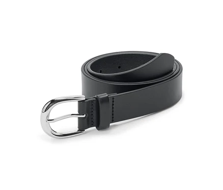 Sur un fond blanc, une ceinture noire enroulée avec une boucle argentée.
