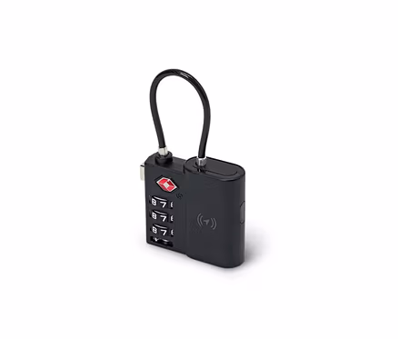 Cadenas intelligent TSA noir avec tracker, code numérique et câble flexible.