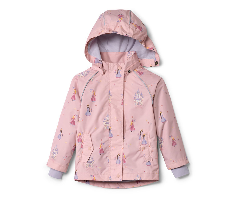 Veste de pluie rose pour enfant avec motifs de princesses et de châteaux.