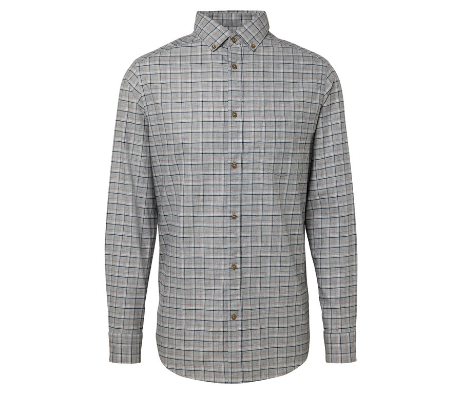 Chemise grise à manches longues avec motif à carreaux.