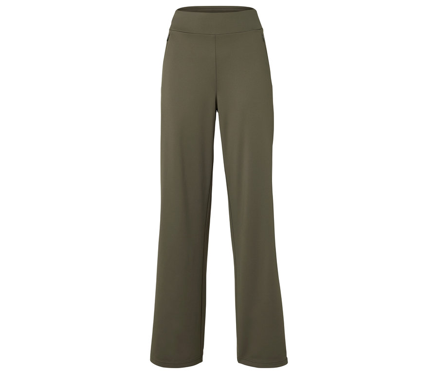 Un pantalon pour femme vert olive à jambes larges.