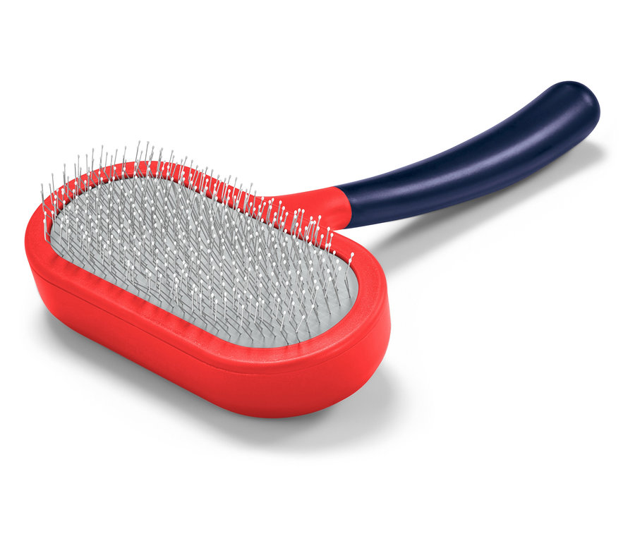 Brosse pour animaux rouge avec manche bleu et poils argentés.