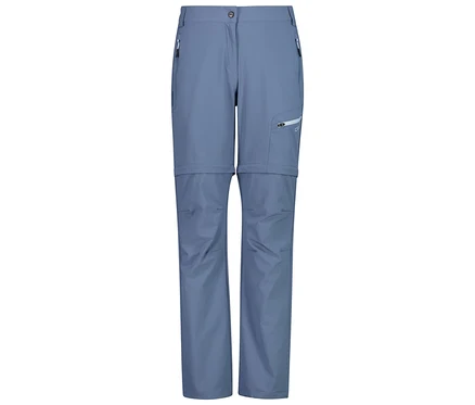 Un pantalon bleu, long et partiellement ouvert avec des poches est visible sur un fond blanc.