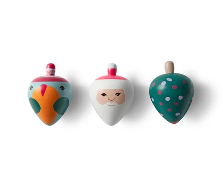 Lot de toupies « Santa » : trois toupies en bois avec des motifs de Noël.