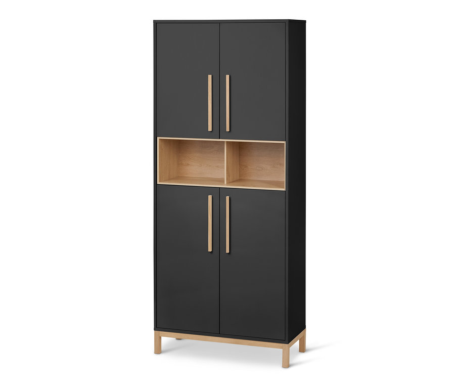 Armoire haute de salle de bain « Eklund » anthracite avec quatre portes et deux compartiments ouverts.