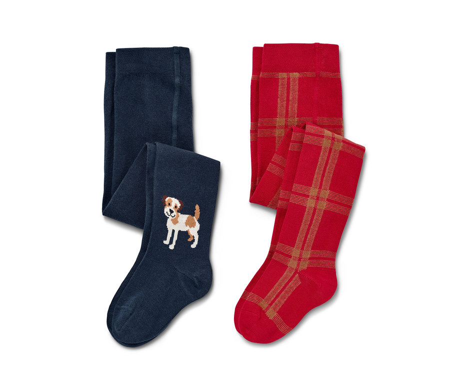 Deux paires de collants pour enfants : une bleu marine avec un chien, l'autre rouge à carreaux.