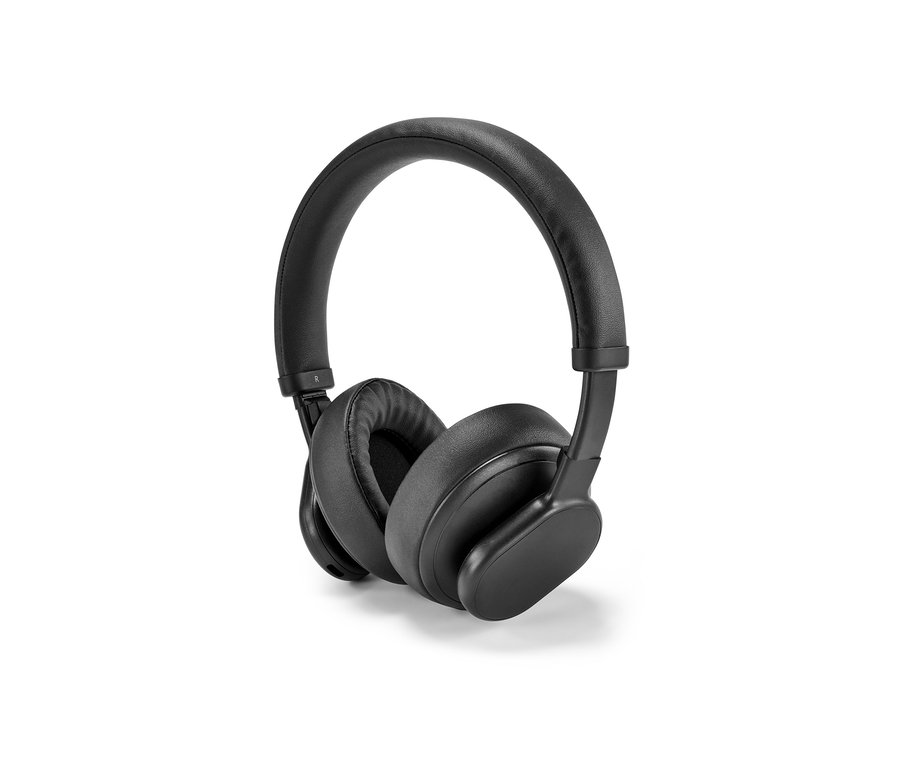 Casque Bluetooth® noir avec fonction tactile sur fond blanc.