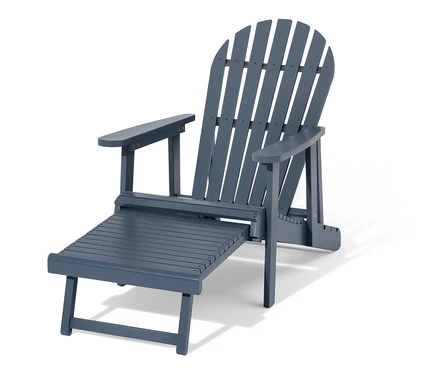 Fauteuil de relaxation Adirondack bleu avec repose-pieds extensible en intérieur.