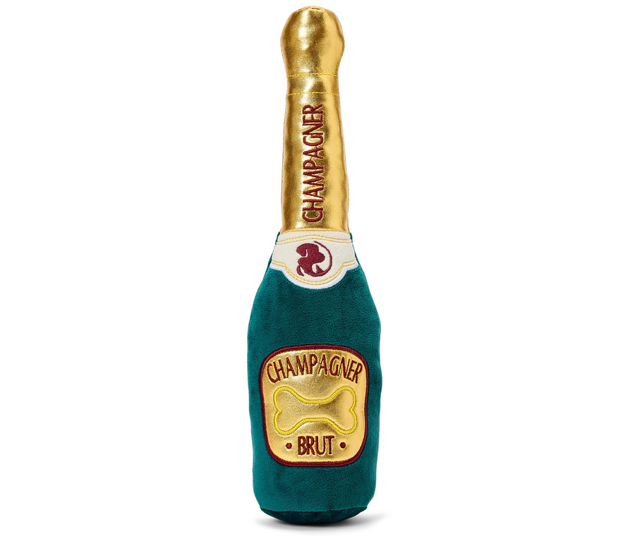 Jouet en peluche pour chien en forme de bouteille de champagne.