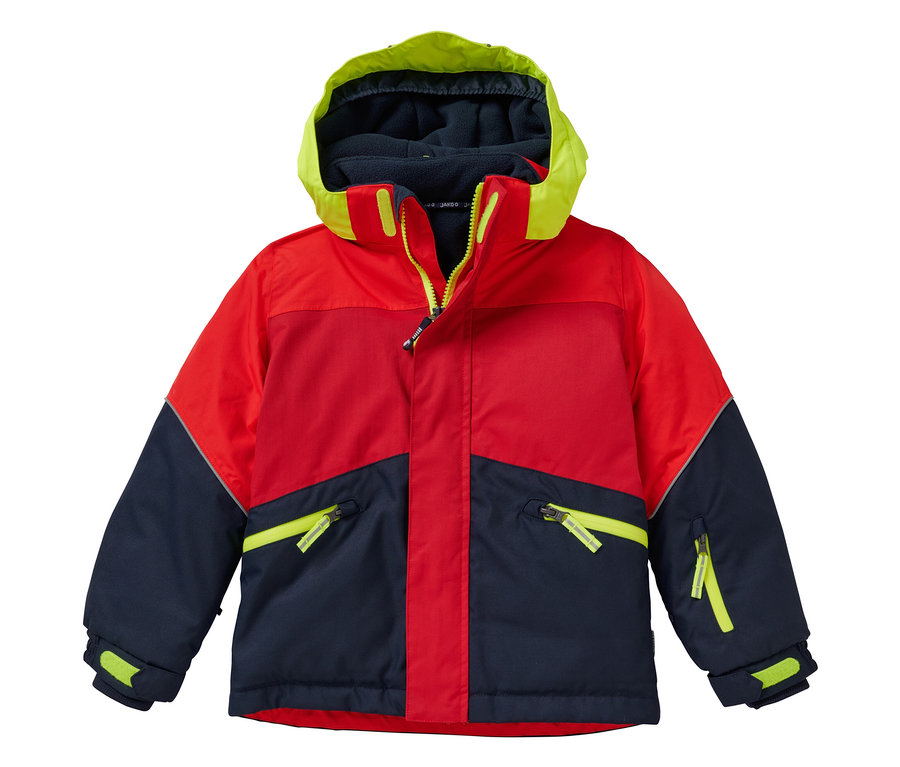 La veste robuste pour enfant JAKO-O rouge tomate est une veste d'hiver à capuche rouge, bleu marine et jaune néon.