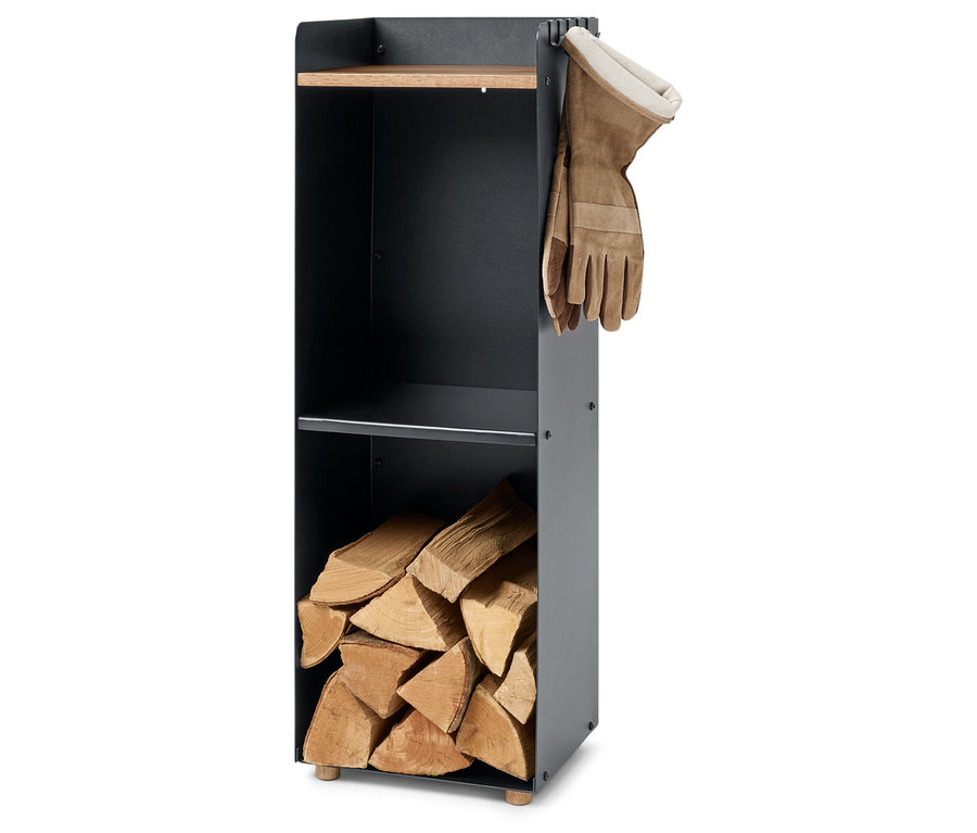 Étagère noire avec du bois et des gants.