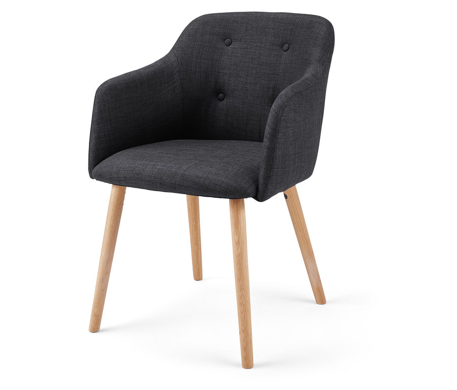 Chaise rembourrée anthracite avec pieds en bois.