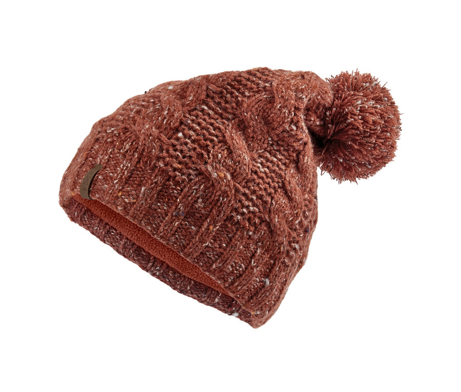 Un bonnet en maille marron avec un pompon.