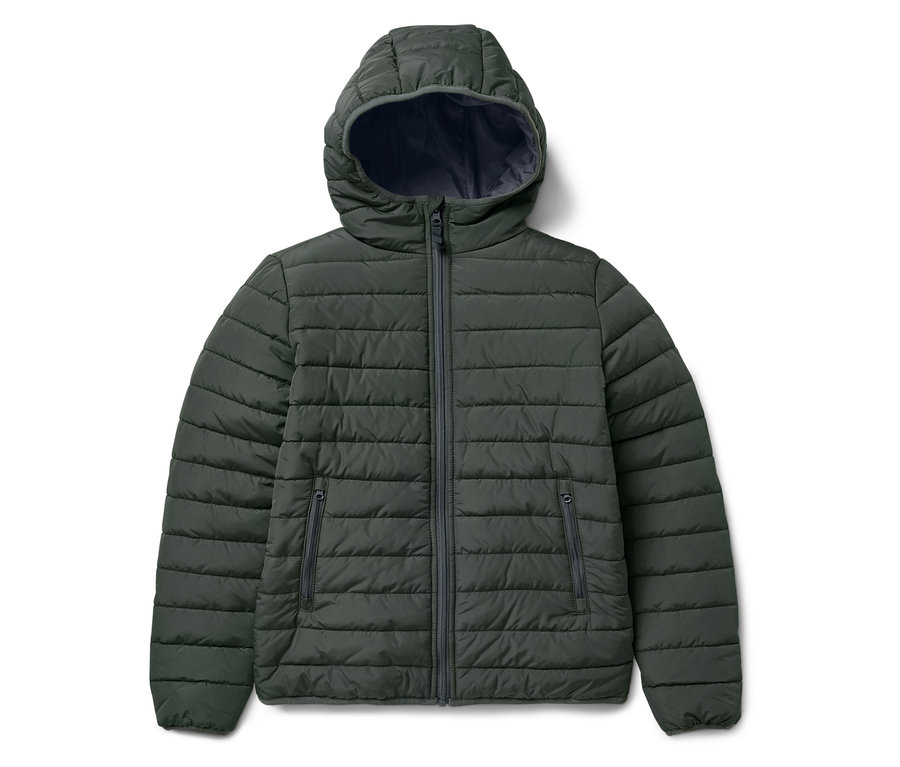 Veste matelassée verte à capuche sur fond blanc.