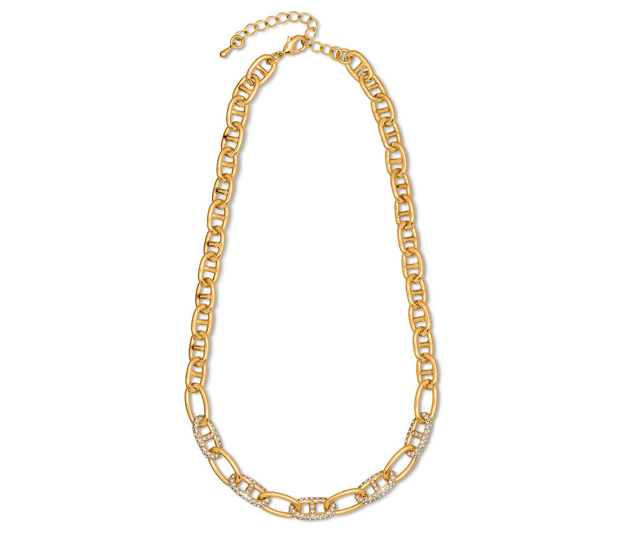 Collier doré avec chaîne à maillons et pierres décoratives.