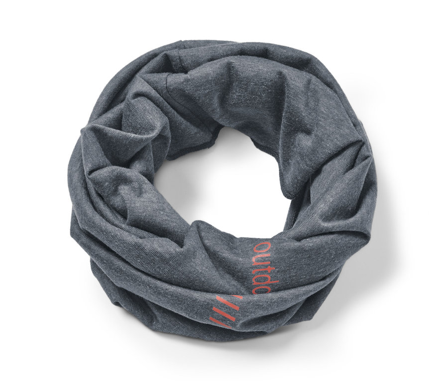 Foulard multifonction gris avec l'inscription "outdoor" sur fond blanc.