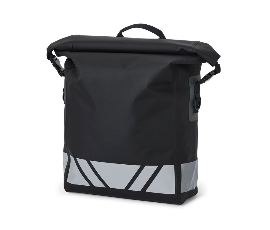 Sacoche imperméable noire à bandoulière pour vélo avec éléments réfléchissants.