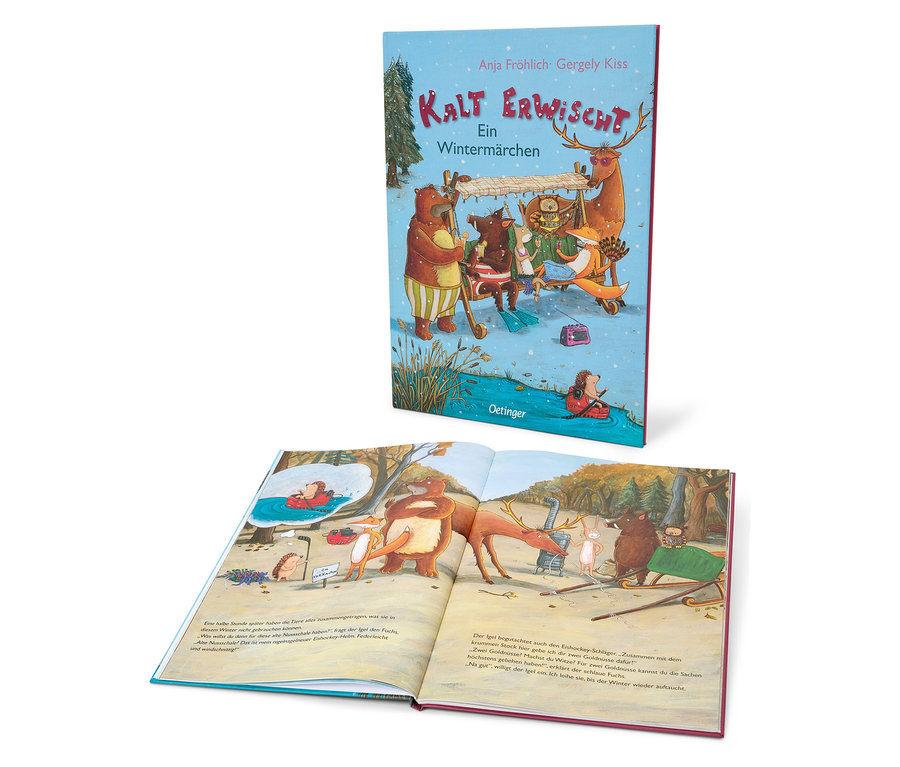 Un livre ouvert avec des illustrations d'animaux et un deuxième livre derrière, tous deux intitulés "Kalt Erwischt".