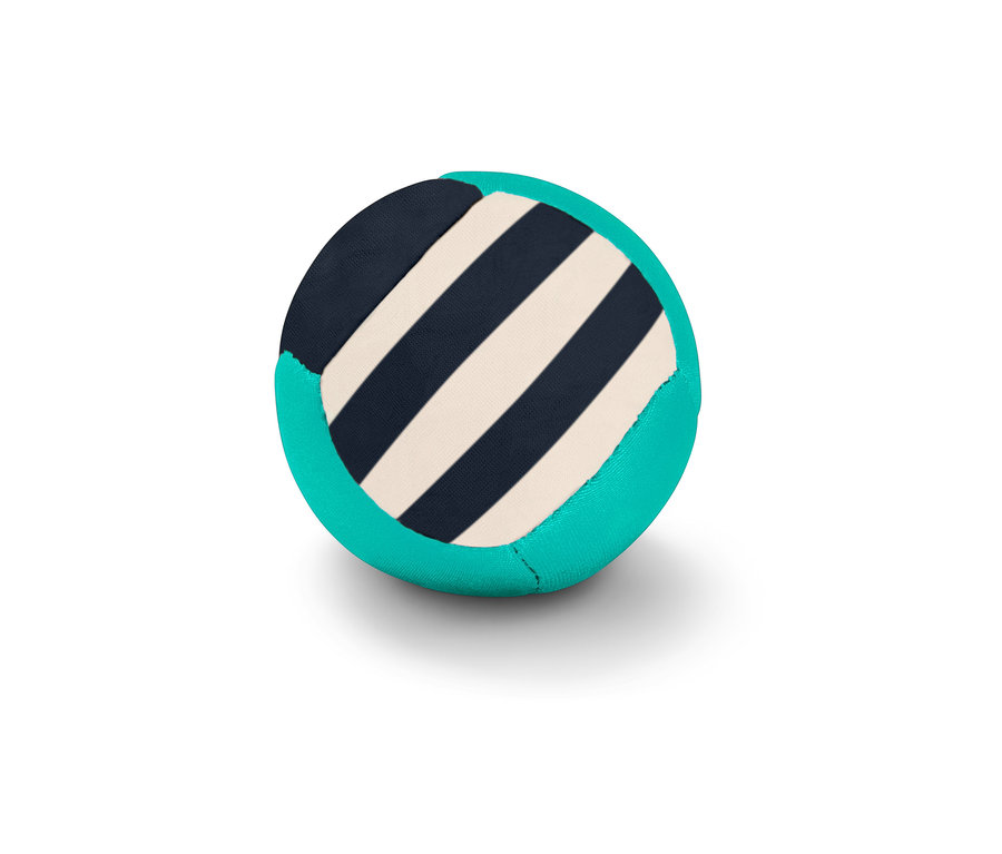 Ballon rebondissant pour l’eau avec rayures bleu et blanc et côtés turquoise.