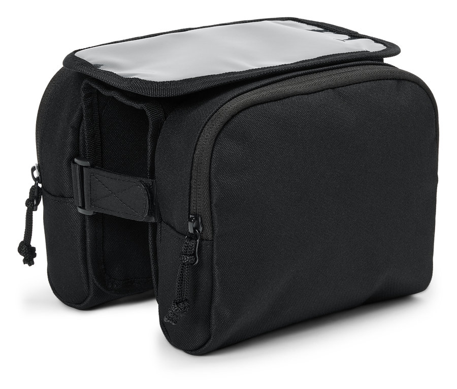 Une sacoche de guidon de vélo noire avec un couvercle transparent.