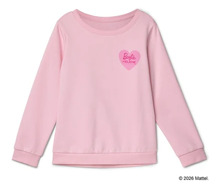 Sweat-shirt rose avec un logo Barbie en forme de cœur.