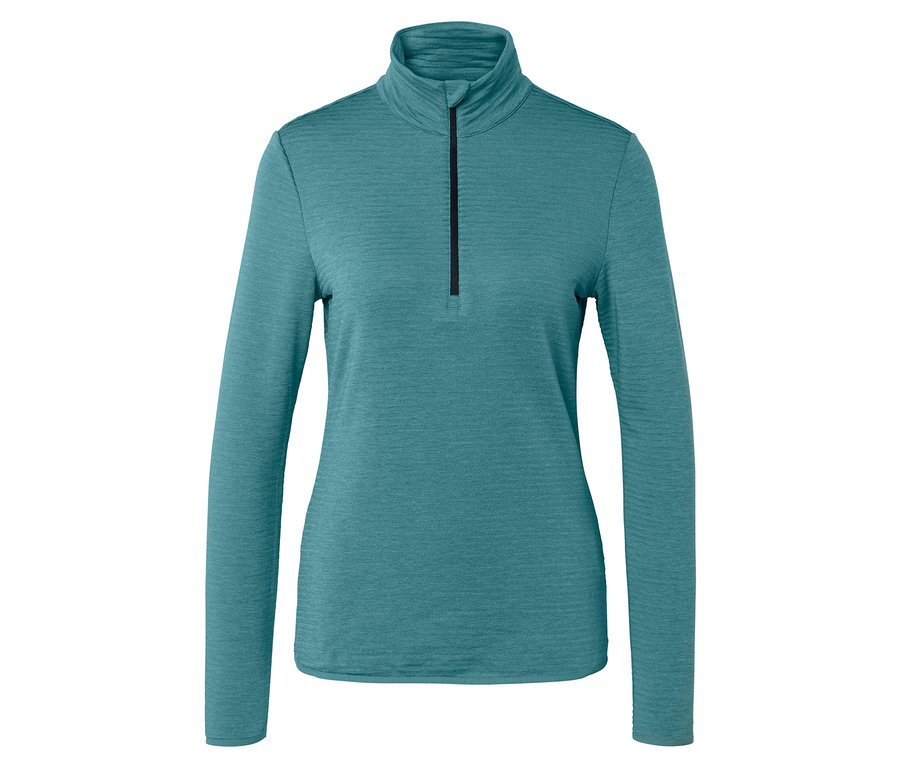 Haut bleu-vert à manches longues avec une courte fermeture éclair noire au niveau du col.