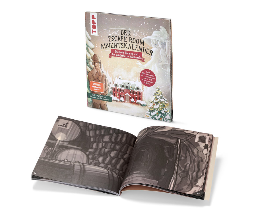 Livre ouvert avec des illustrations à côté du livre Escape-book calendrier de l'avent « Sherlock Holmes und die geisterhafte Weihnacht » (en allemand).