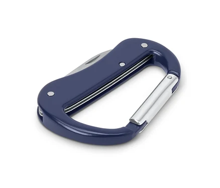 Un mousqueton multifonction 5 en 1 bleu avec une lame de couteau.