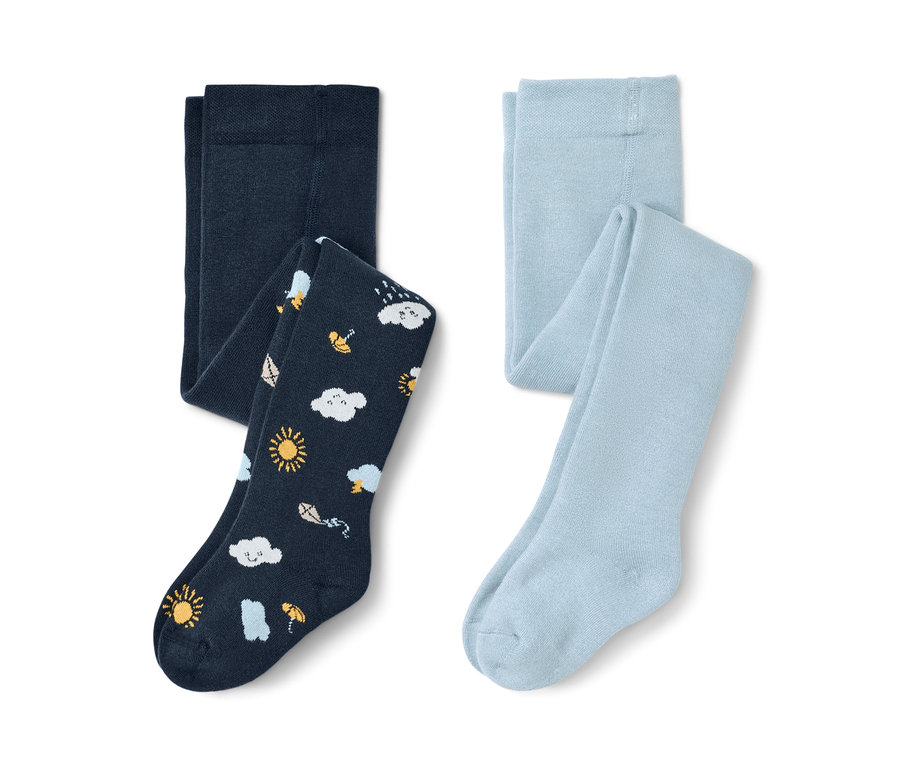 Deux collants thermiques pour tout-petit : un bleu foncé avec des motifs de nuages, de soleil et de pluie, l’autre bleu clair.