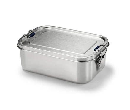 Boîte repas à emporter en acier inoxydable argenté.