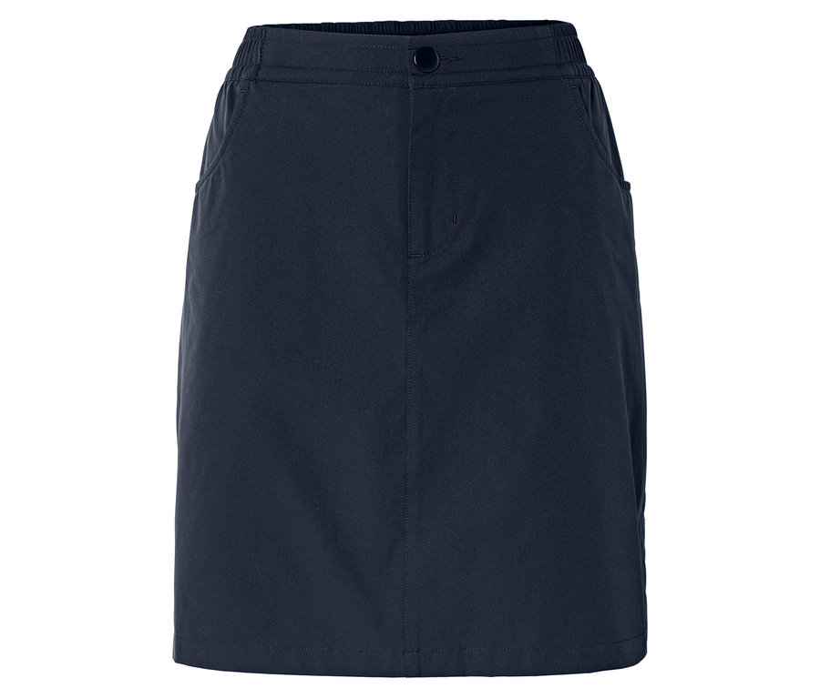 Une jupe bleu marine avec bouton et poches est visible sur un fond blanc.