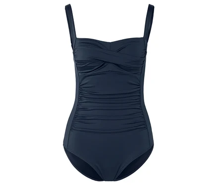 Maillot de bain bleu marine avec fronces et bretelles.