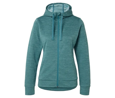 Un sweat à capuche turquoise avec fermeture éclair est présenté sur un fond blanc.