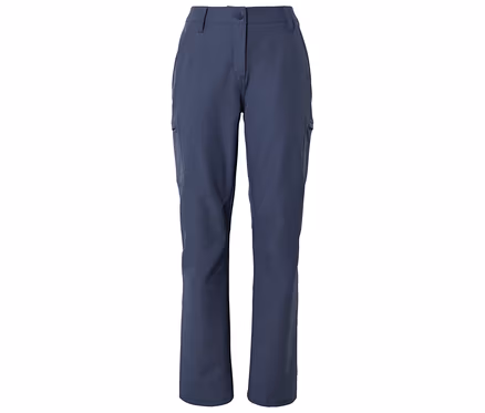 Un pantalon cargo bleu foncé avec une fermeture boutonnée et zippée, des passants de ceinture et des poches latérales, présenté à plat sur un fond blanc.
