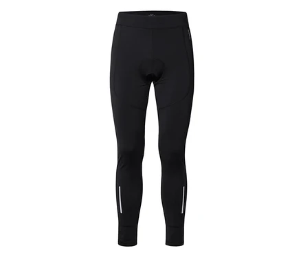 Collant de cyclisme noir avec entrejambe rembourré et bandes réfléchissantes blanches sur le bas des jambes.