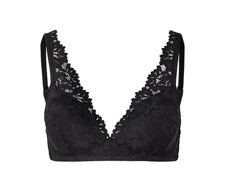 Soutien-gorge noir en dentelle avec décolleté en V et bretelles réglables.
